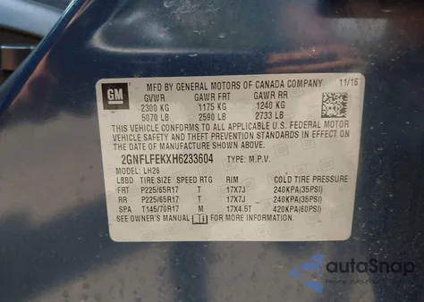 2017 Chevrolet Equinox Lt из США, поврежденный, VIN 2GNFLFEKXH6233604